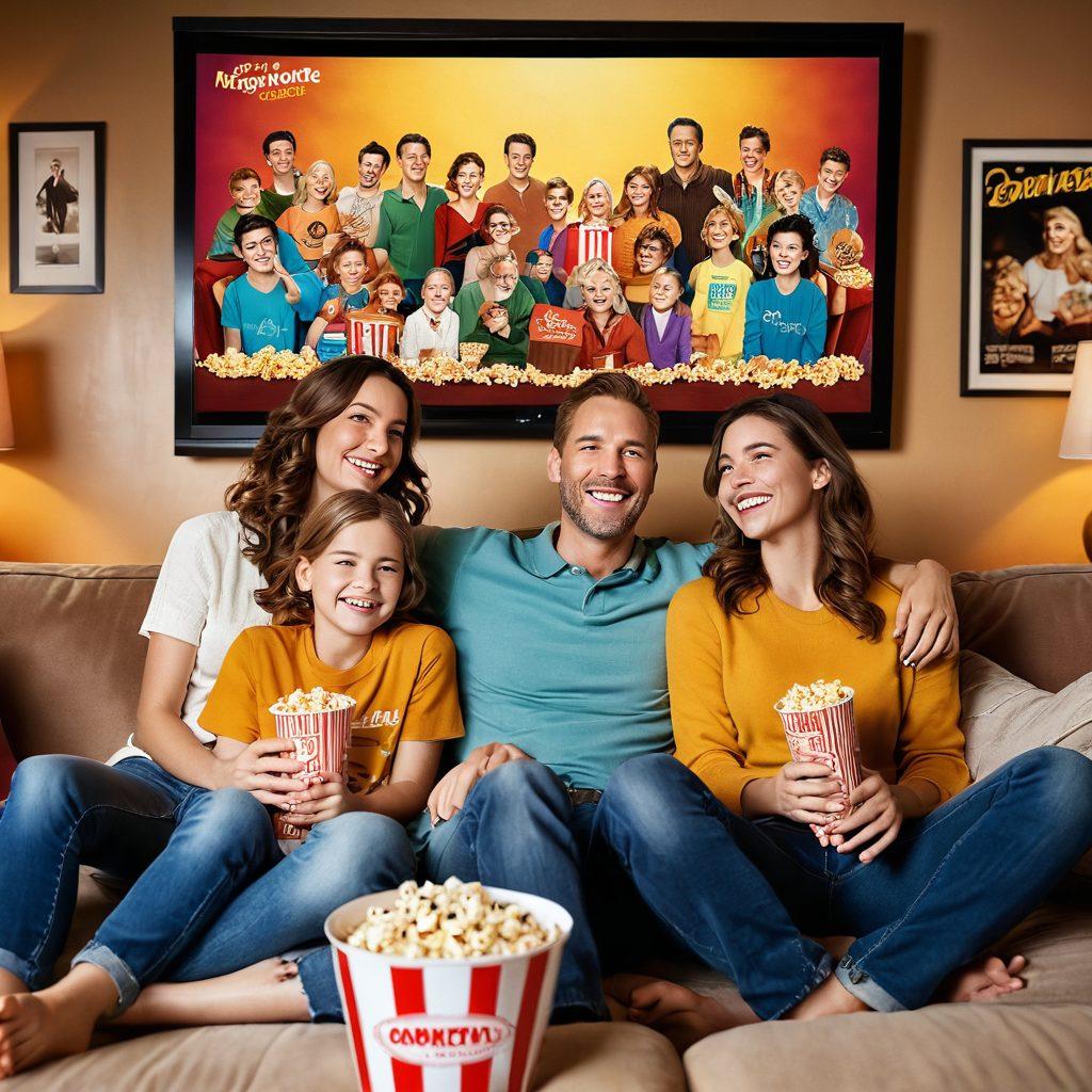 A joyful family gathered around a large screen, laughing as they watch a classic movie in a cozy living room filled with colorful movie posters. Surround them with popcorn, soda, and warm lighting for a comforting atmosphere. Capture the essence of wholesome entertainment with smiling faces and a sense of togetherness. super-realistic. warm colors. vibrant details.