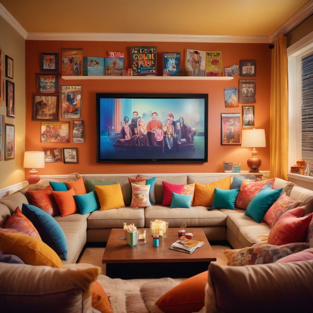 A cozy living room filled with family members enjoying a movie night, with a big screen displaying a colorful montage of classic and new family-friendly films. Soft pillows and popcorn are scattered around, and the walls are decorated with film posters of beloved movies. Warm lighting creates an inviting atmosphere, embodying cinematic bliss. whimsical illustration. vibrant colors. warm tones.