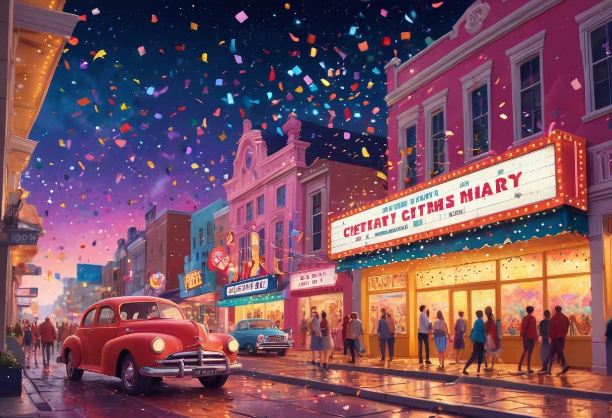 A vibrant film reel unwinding in the foreground, displaying heartwarming scenes from various joyful films, surrounded by an explosion of colorful confetti and smiling characters. In the background, a whimsical cinema facade with bright marquee lights inviting viewers. The sky transitions from a sunny day to a starry night, symbolizing endless entertainment possibilities. cartoonish style. vibrant colors. playful elements.